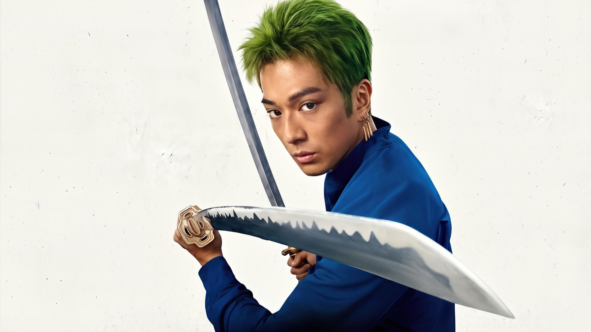 Roronoa Zoro (One Piece) 4K Ultra HD PC desktop wallpaper: green-haired swordsman in blue jacket holding a katana, poised against a minimalist pale background.