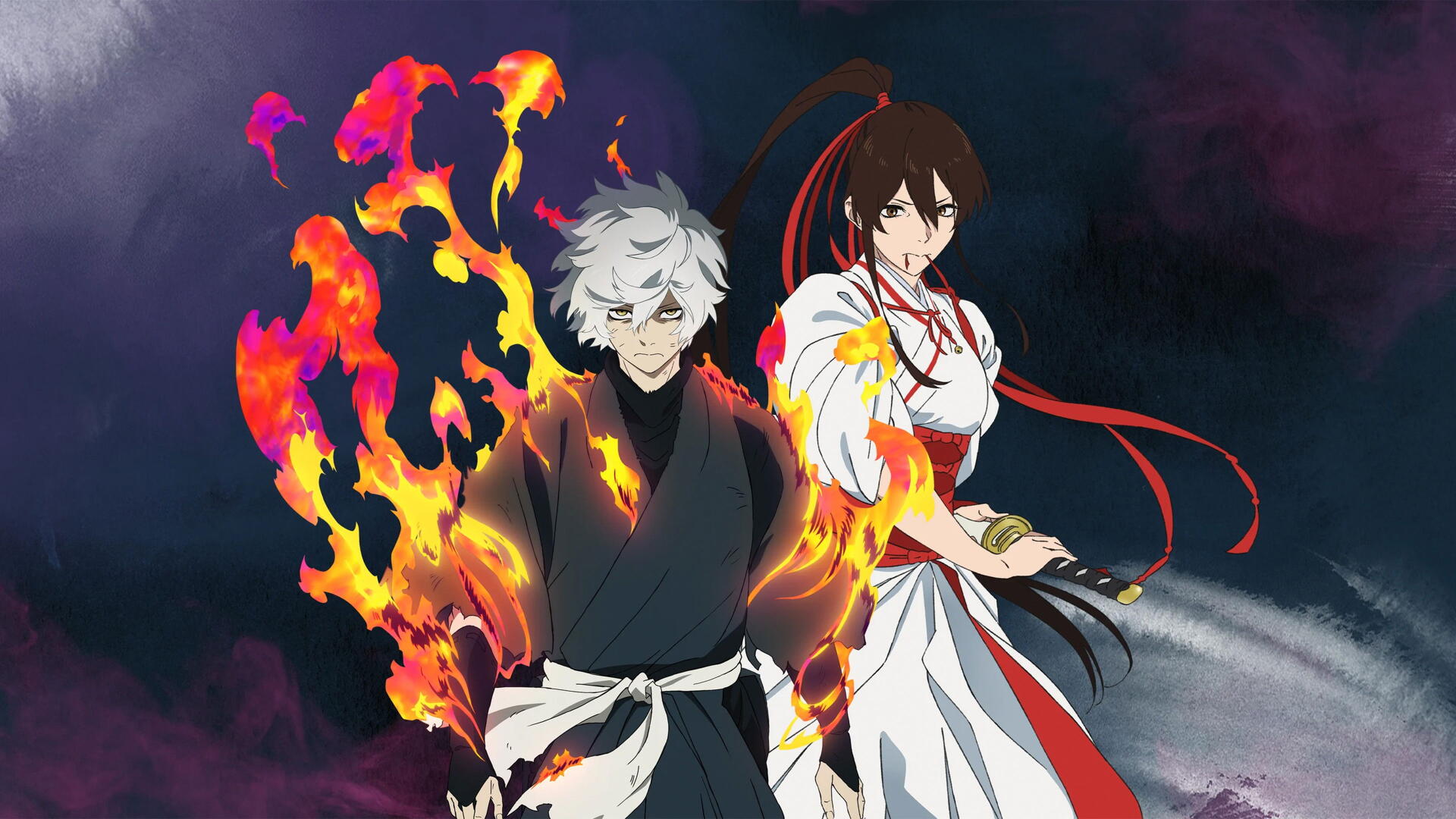 Hell's Paradise 4K Ultra HD PC desktop wallpaper: two anime warriors—one wreathed in flames, the other in white and red robes—stand against a dark, smoky sky.