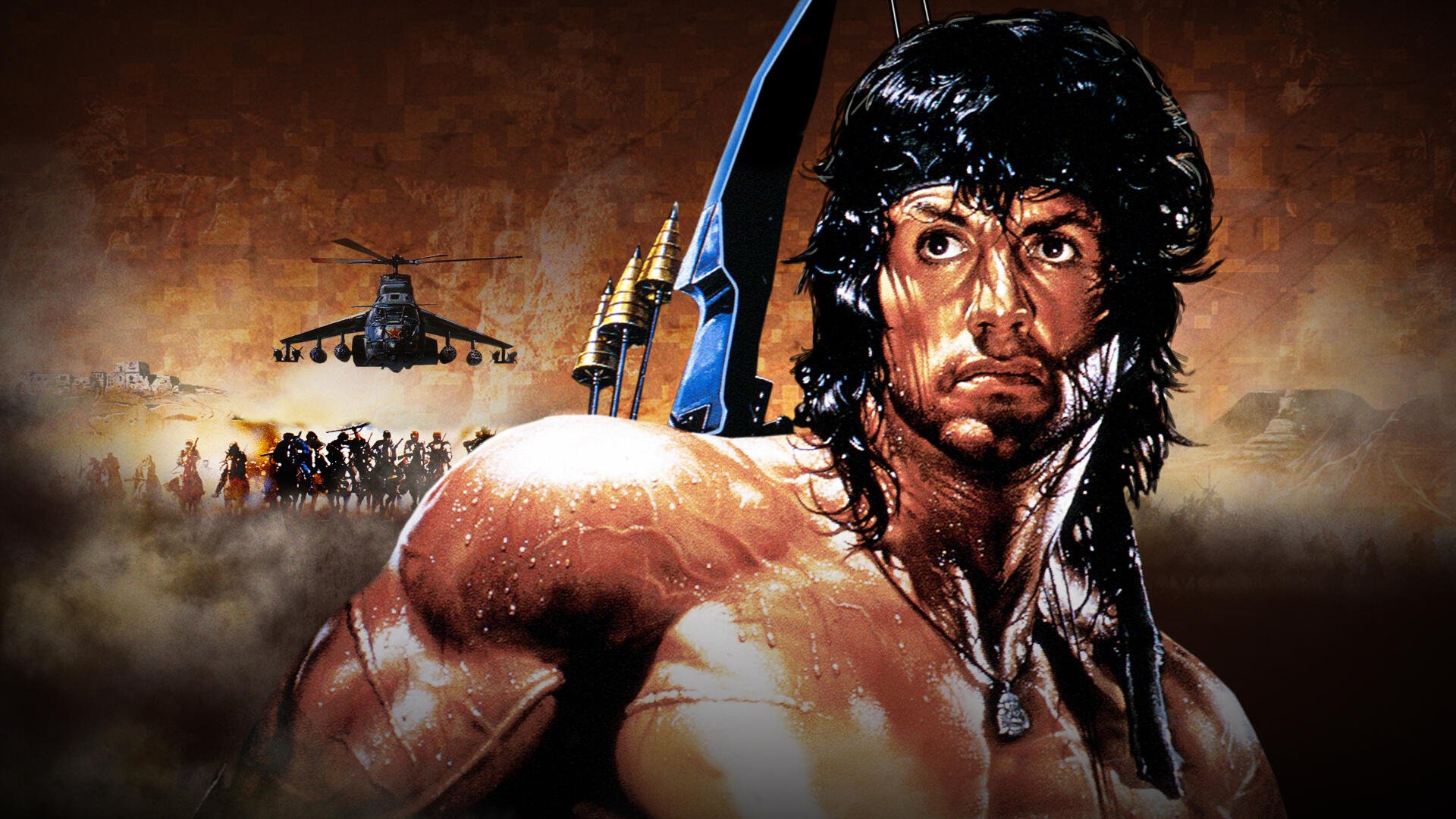 Rambo III 4K Ultra HD PC desktop wallpaper: muscular, bandana-clad warrior with bow in foreground, helicopter and troops silhouetted against a dusty orange desert sky.