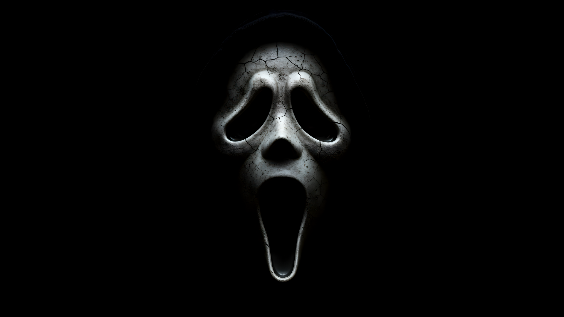 Scream 7 Ghostface-style screaming mask emerging from a black void — 8K Ultra HD PC desktop wallpaper/background, eerie high-contrast close-up