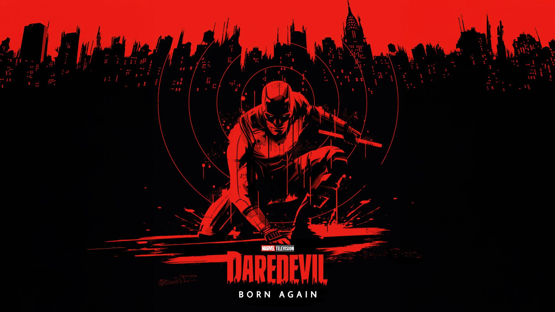Daredevil: Born Again 5K Ultra HD PC desktop wallpaper — stark red-and-black skyline with crouching Daredevil, concentric radar rings and bold logo at the center.