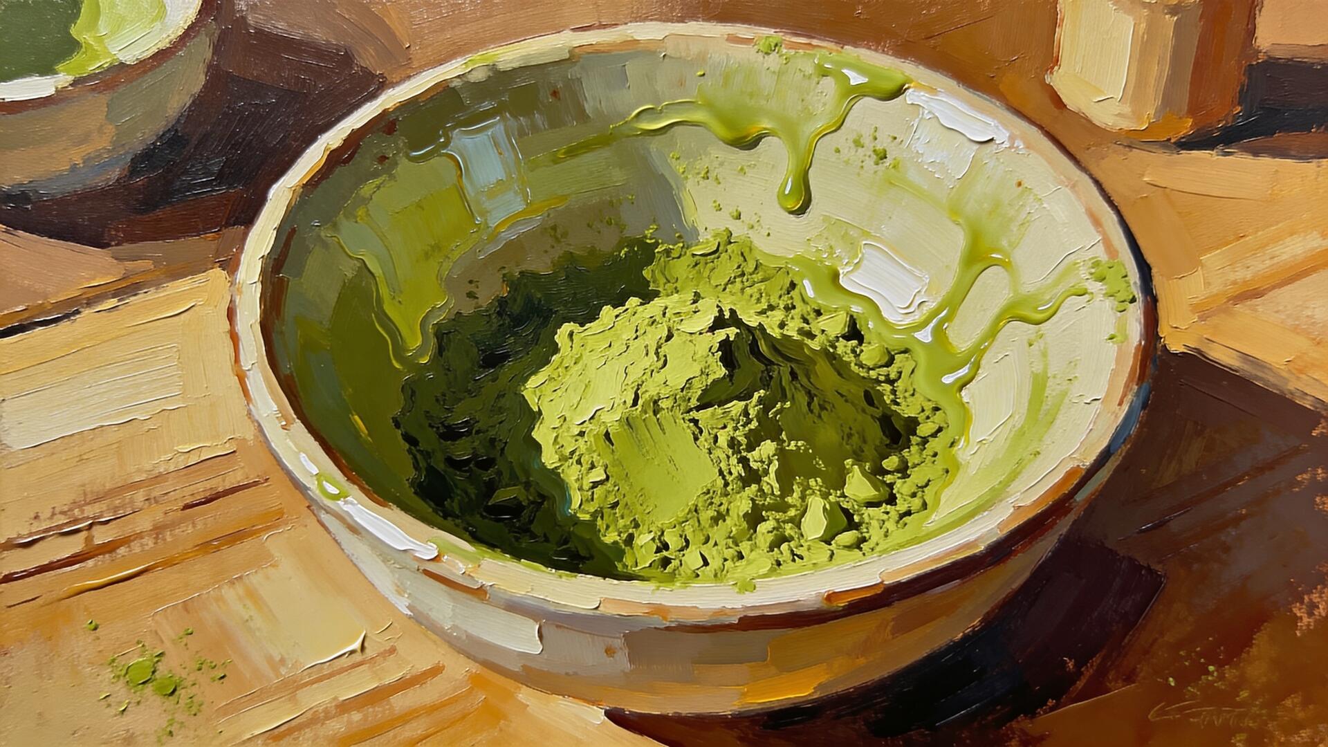 Painterly 4K Ultra HD PC desktop wallpaper background of a ceramic bowl filled with vibrant green matcha powder on a wooden table.