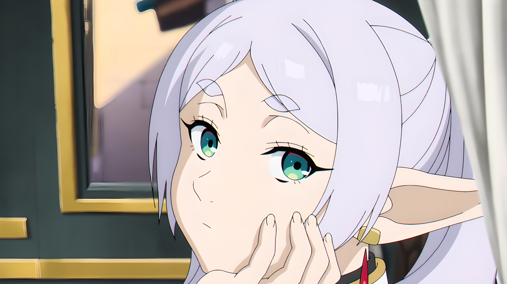 Frieren (Frieren: Beyond Journey's End) anime elf girl with silver hair and green eyes, resting chin on hand — fantasy portrait rendered as 4K Ultra HD PC desktop wallpaper/background.