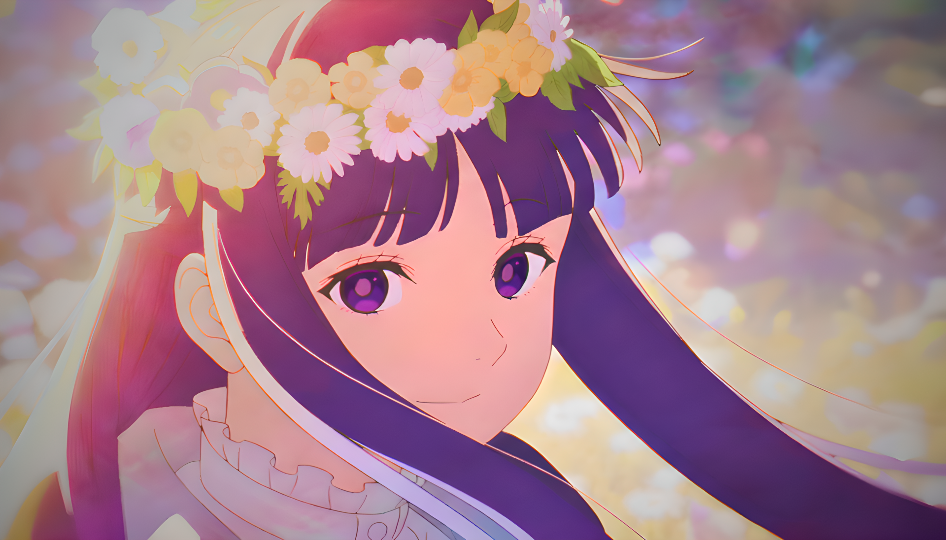 4K Ultra HD PC desktop wallpaper: Fern (Frieren: Beyond Journey's End) — watercolor anime girl with a flower crown and soft pastel background