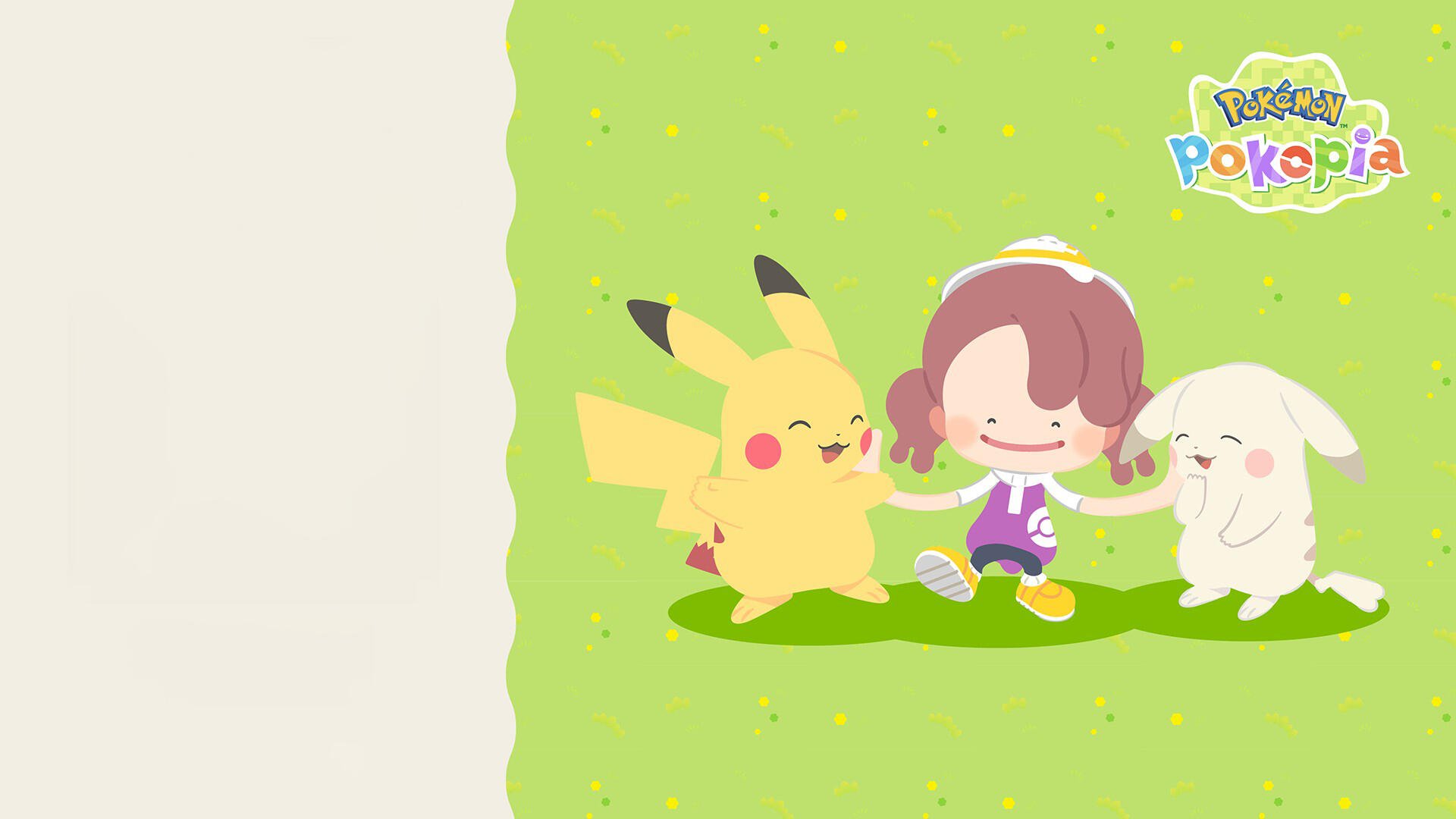 HD PC desktop wallpaper and background: Pokemon Pokopia scene with Pikachu, a smiling child and a fluffy sheep Pokemon on a bright green grassy field.