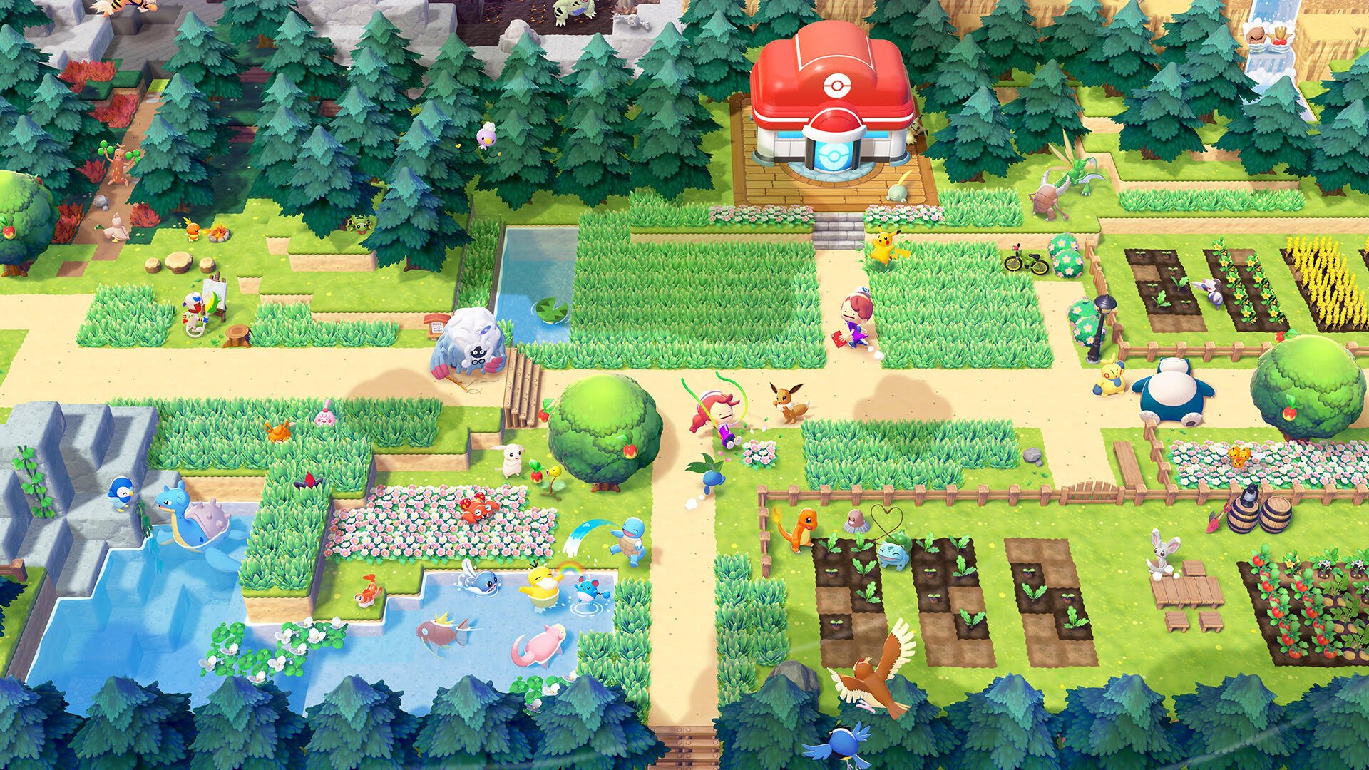 HD PC desktop wallpaper/background: top-down view of Pokémon Pokopia — village paths, farms, ponds, trees and roaming Pokémon.