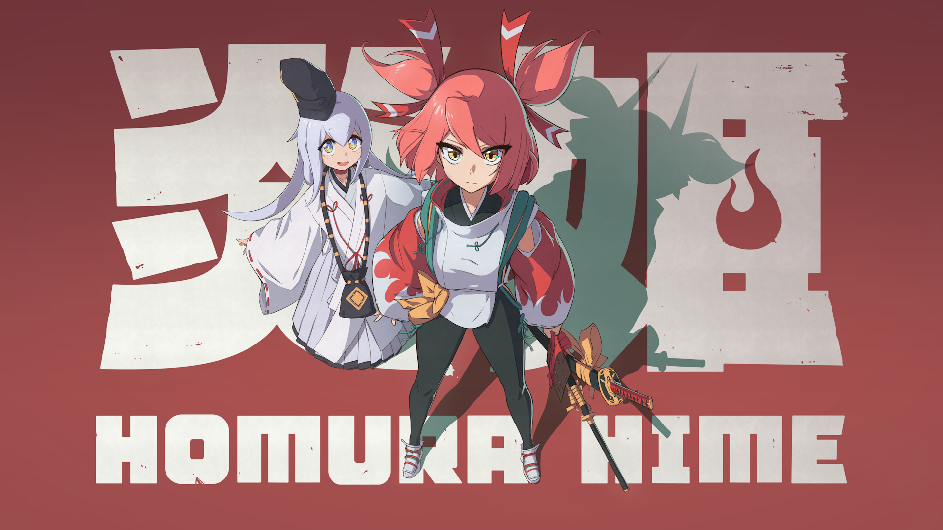 HD PC desktop wallpaper game art of Homura Hime: fox-eared red-haired heroine at center with white-robed companion, bold kanji backdrop and 'HOMURA NIME' logo.