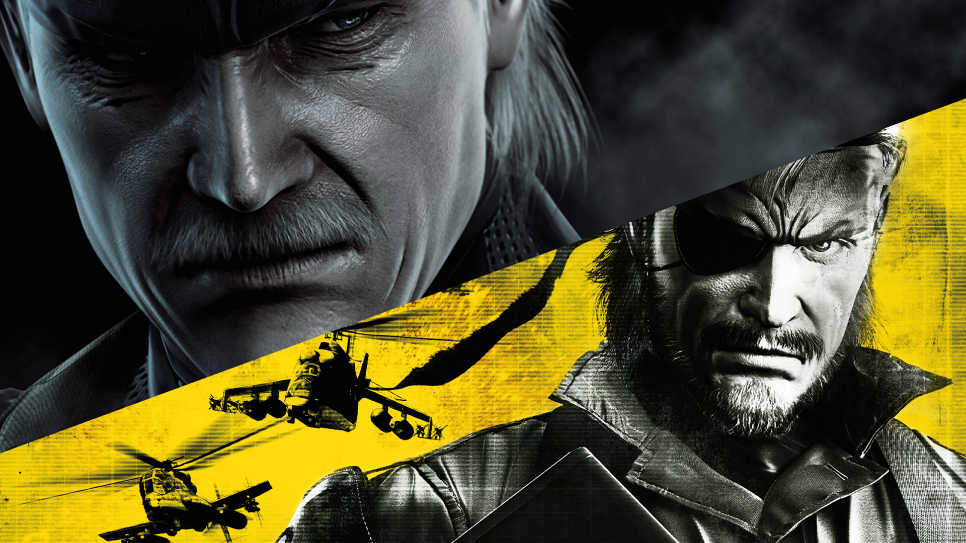 2K Quad HD video game wallpaper: gritty Metal Gear Solid game art showing close-up portraits of Solid Snake and Big Boss over a yellow-striped collage of aircraft and silhouettes.