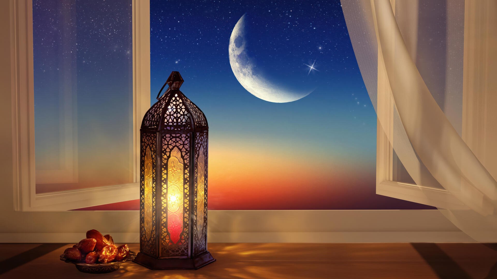 5K Ultra HD PC desktop wallpaper/background: ornate Ramadan lantern on a windowsill at sunset, a glowing crescent moon and stars visible through the open window.