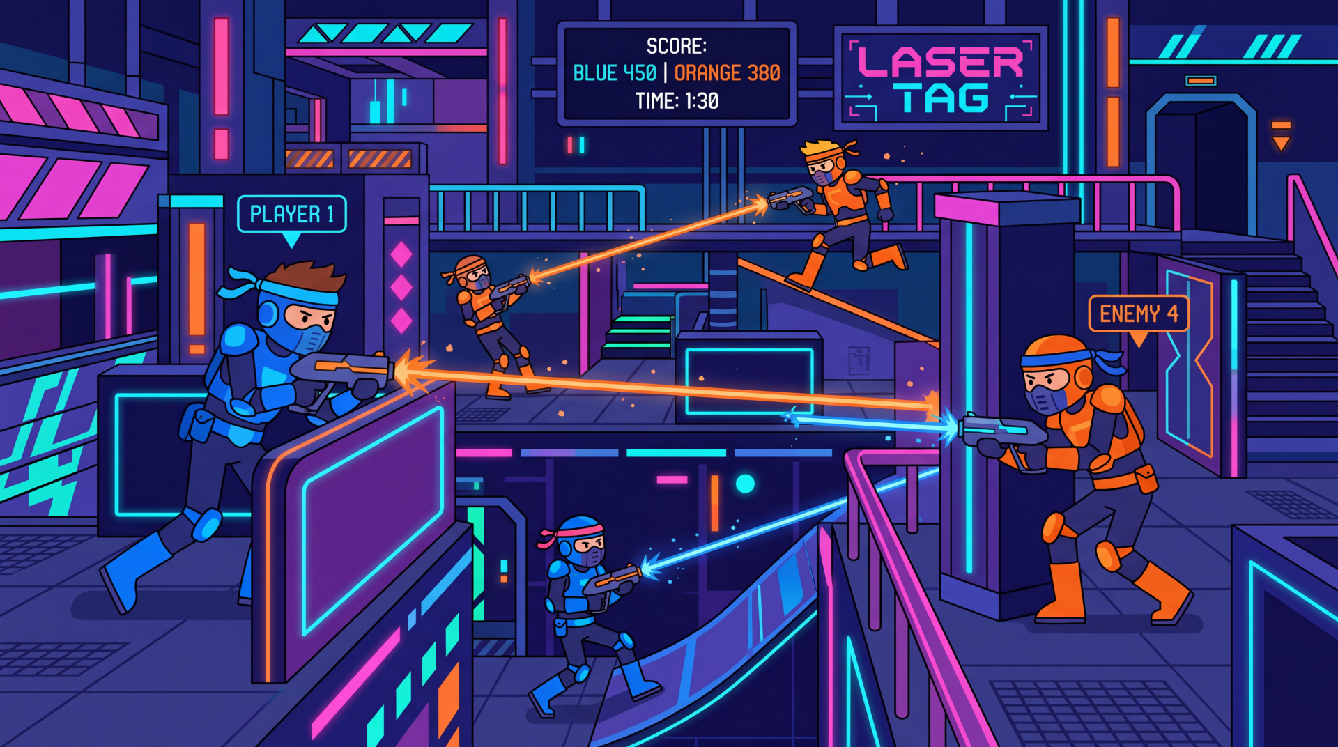 Neon laser tag arena with blue vs orange teams firing laser beams across multi-level platforms, visible scoreboard and signage — 5K Ultra HD PC Desktop Wallpaper and Background