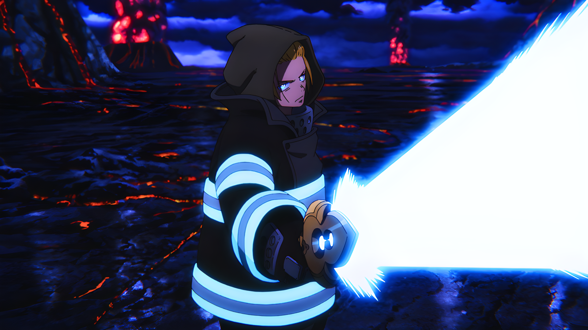 4K Ultra HD PC desktop wallpaper of Arthur Boyle (Fire Force): anime scene of him in firefighter coat brandishing a glowing blade against a molten volcanic landscape
