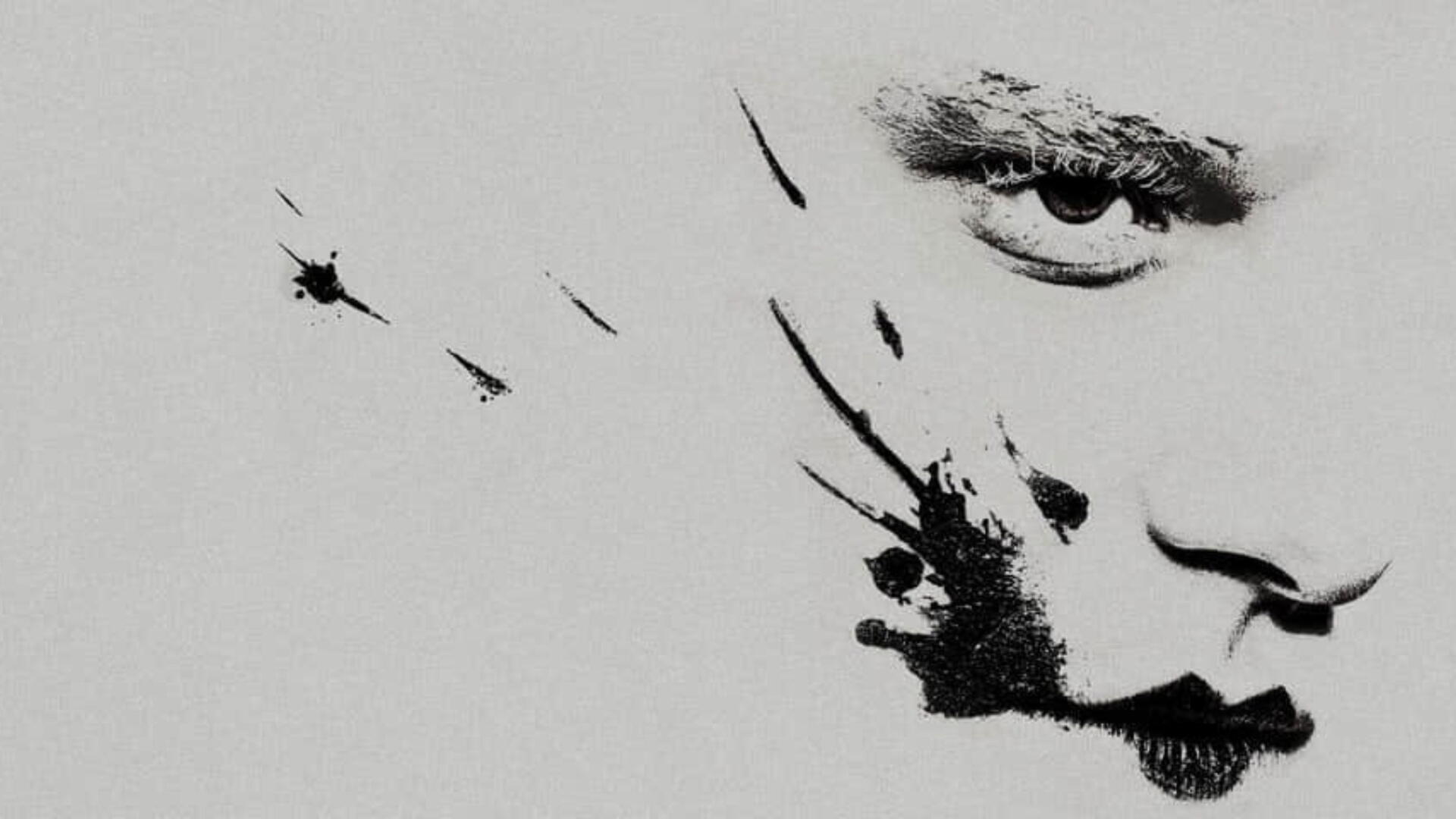 4K Ultra HD PC desktop wallpaper and background The Bride!: minimalist black-ink half-face — a single eye, lips and abstract splatters on a white field.