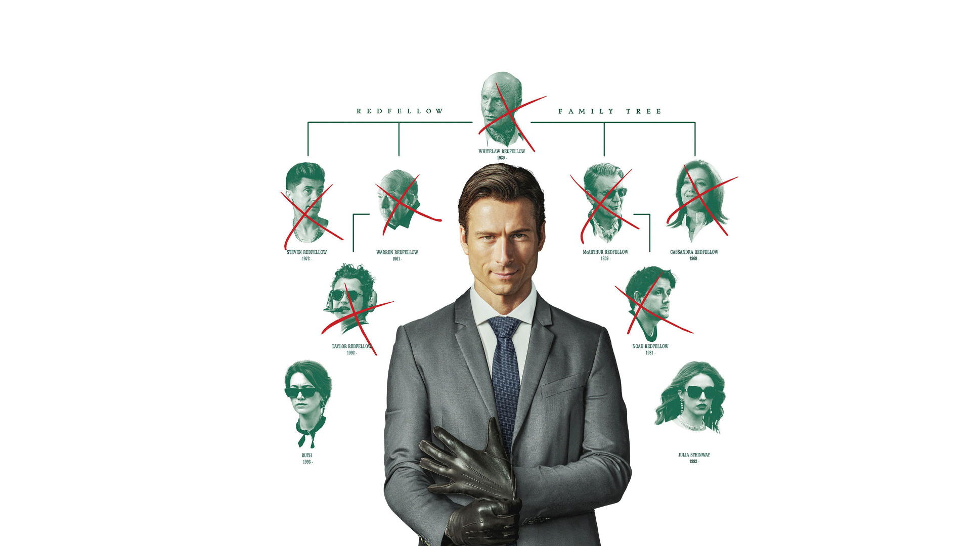 How to Make a Killing — 4K Ultra HD PC desktop wallpaper and background: sharply dressed man in a suit holding gloves, diagram of crossed-out faces behind him on white background.