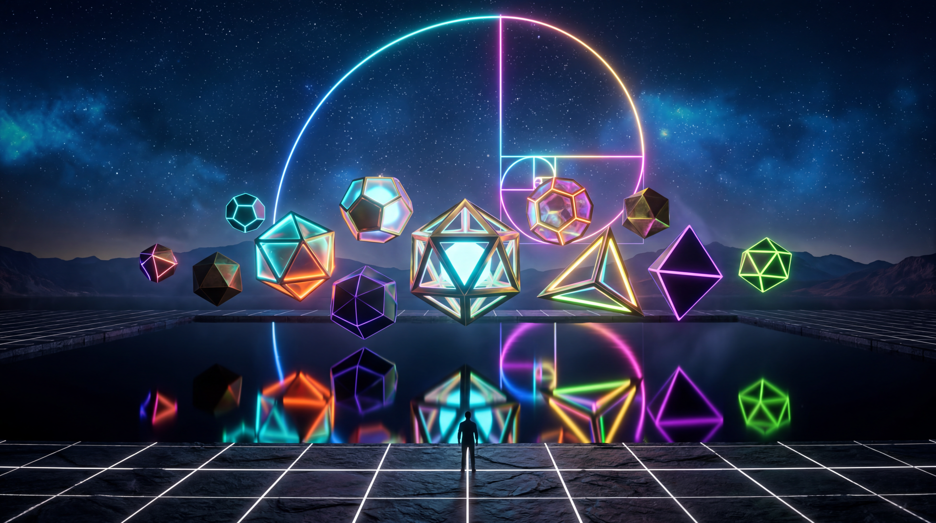 Neon geometry scene of glowing polyhedra and wireframe shapes floating above a reflective grid under a luminous circular arc, tiny silhouetted figure — 5K Ultra HD PC Desktop Wallpaper and Background