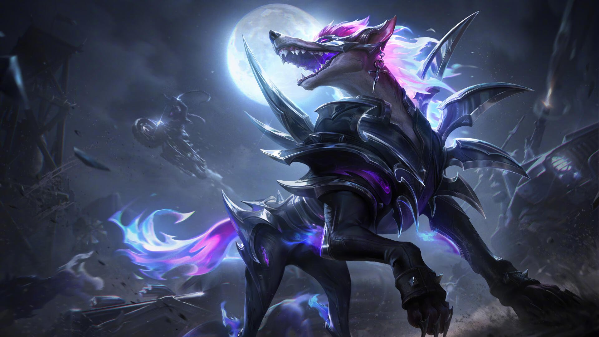 8K Ultra HD PC MOBA desktop wallpaper of Naafiri (League of Legends): an armored, spectral fantasy canine howling at a full moon with purple-blue ethereal energy.
