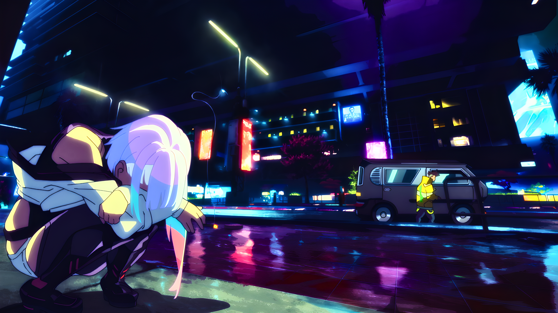 Cyberpunk: Edgerunners 4K UHD desktop wallpaper — anime girl crouches on a rain‑slick street as David and a neon cyberpunk cityscape glow in reflections.