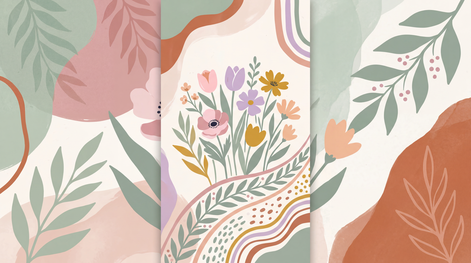5K Ultra HD PC desktop wallpaper showcasing a spring aesthetic: three pastel panels with hand‑drawn floral bouquets, leaves and flowing wavy patterns.