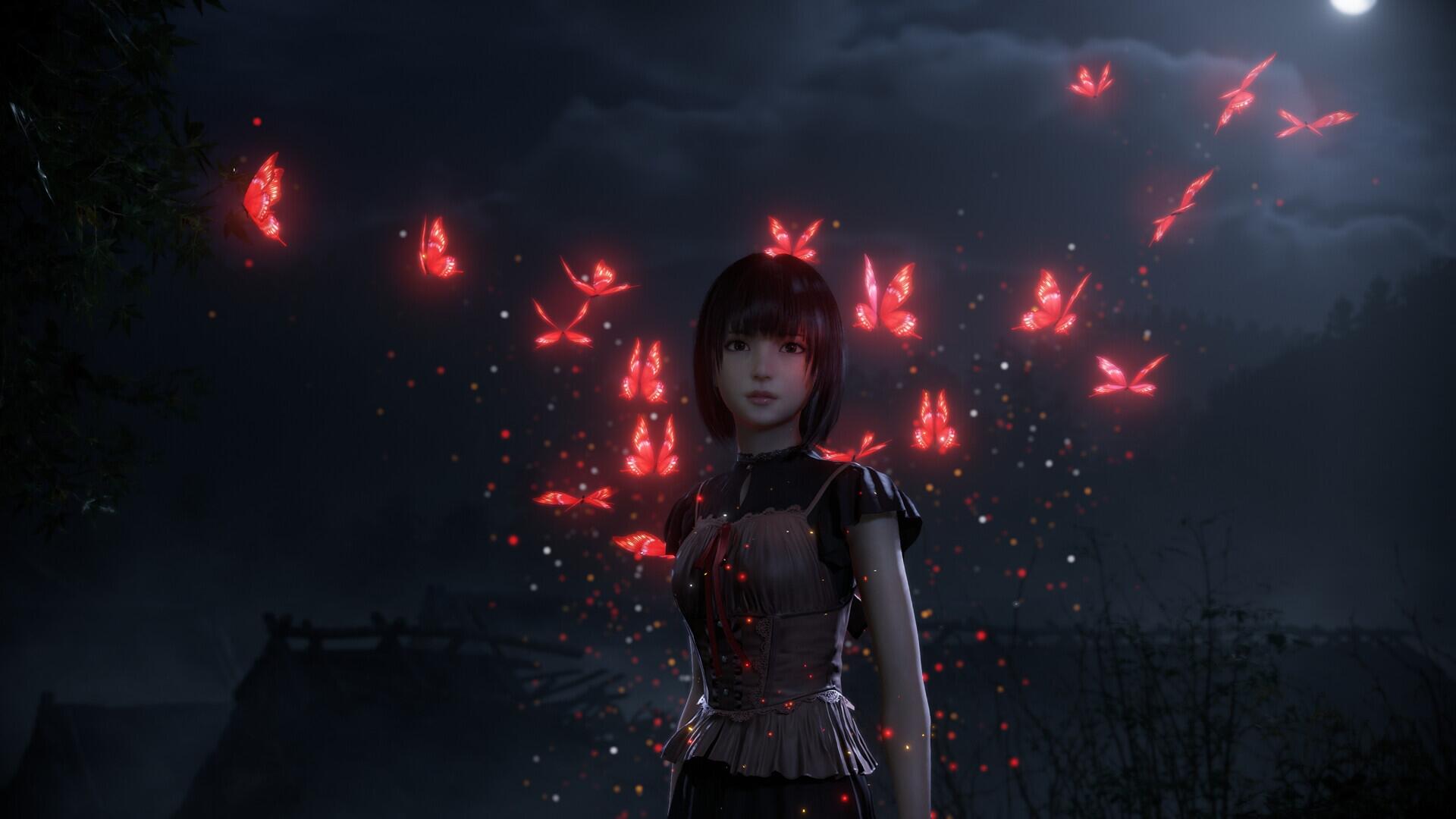 HD PC desktop wallpaper from the video game Fatal Frame II: Crimson Butterfly showing a young woman in a moonlit field, surrounded by glowing red butterflies.