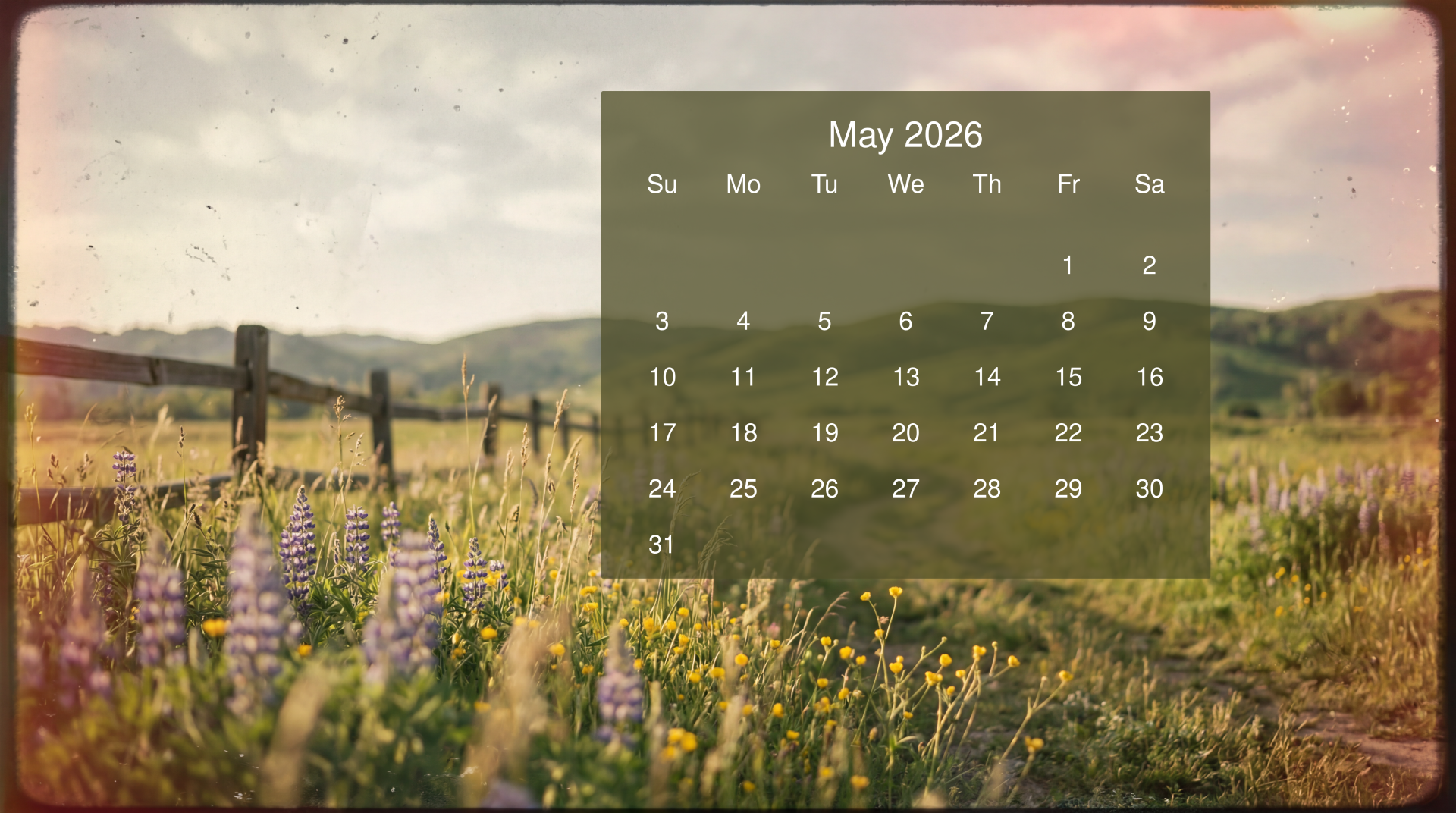 May 2026 calendar overlay on a 5K Ultra HD PC desktop wallpaper/background: sunlit wildflower meadow with rustic fence and distant rolling hills.