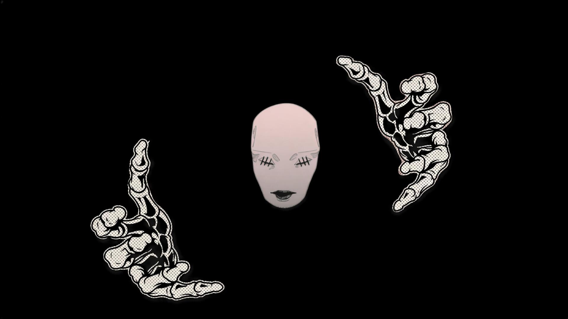 HD PC desktop wallpaper: dark anime Jujutsu Kaisen 3rd Season–inspired horror scene — a pale stitched-face mask floating between skeletal hands on a black, creepypasta-style background.