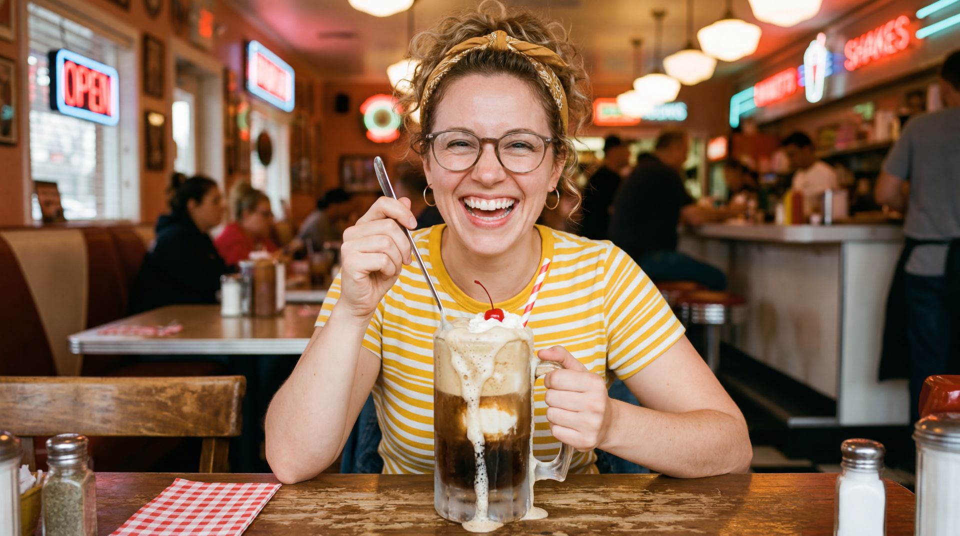 Smiling person in a retro diner holding a frothy root beer float — vibrant 5K Ultra HD PC desktop wallpaper and background.