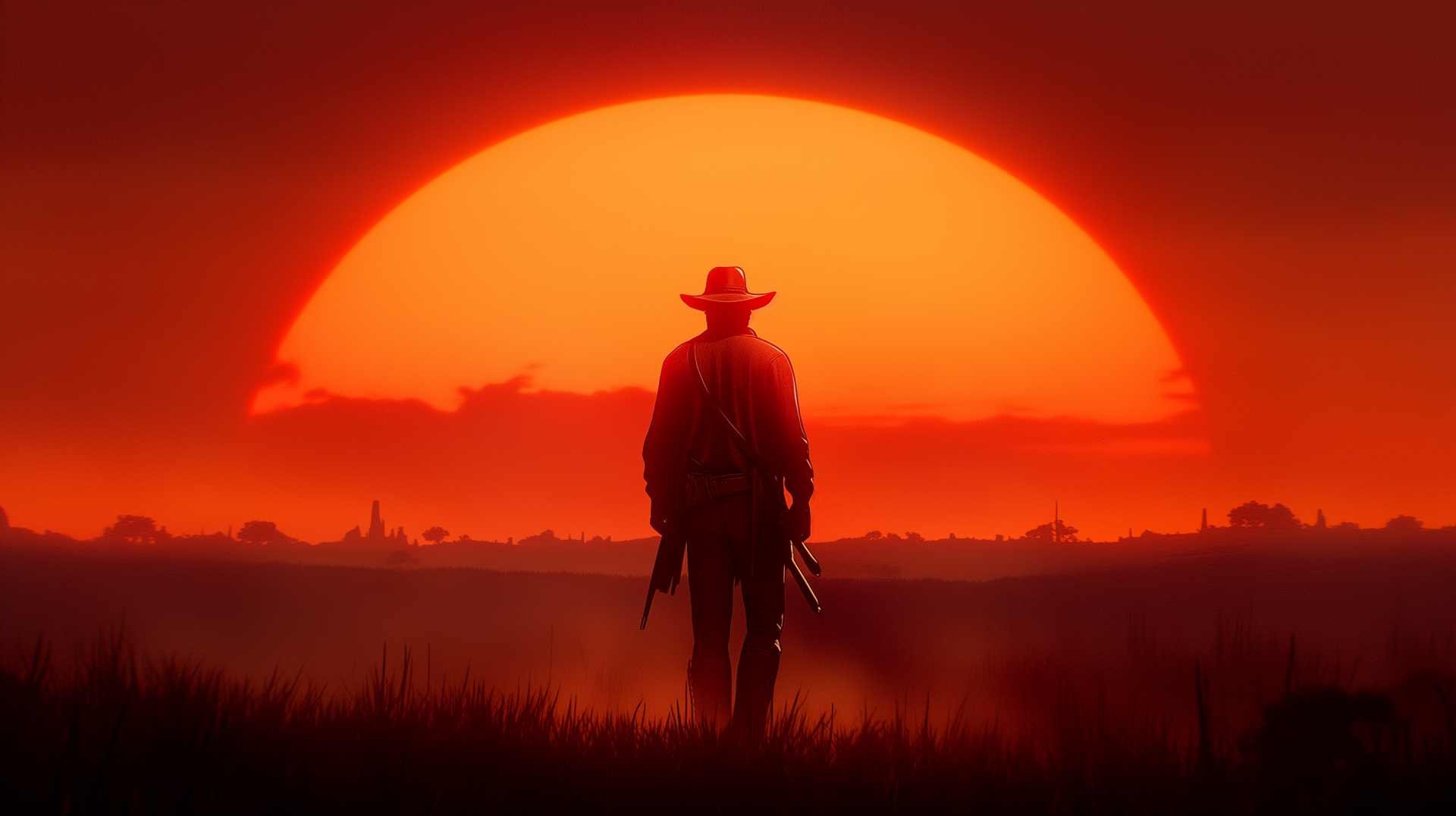 Red Dead Redemption 2 video game 2K Quad HD PC desktop wallpaper/background — lone cowboy silhouette standing against a vast, blazing orange sunset over dusty plains.