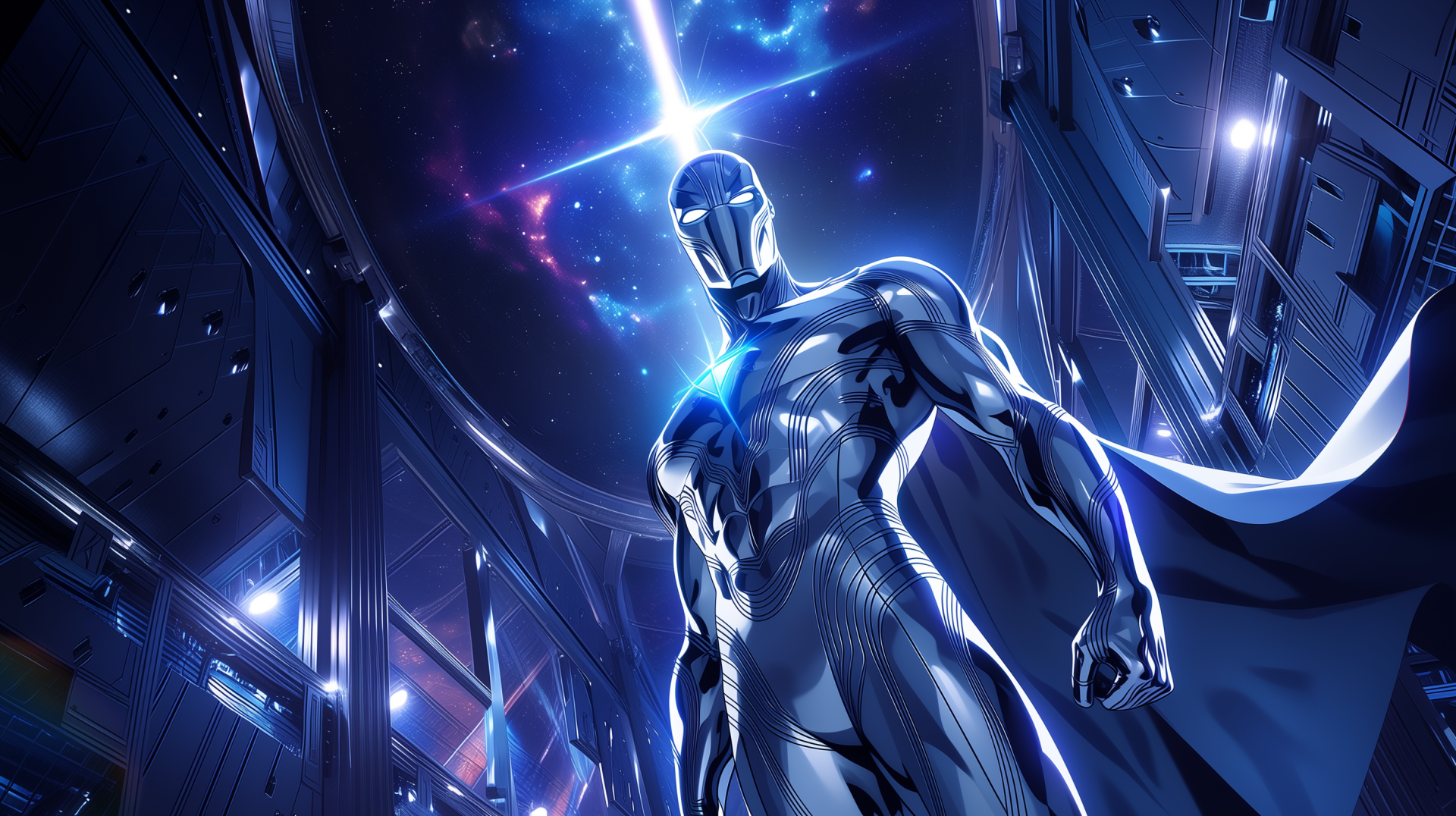Comic-style Silver Surfer villain posed amid a glowing cosmic sky and futuristic metallic cityscape — dramatic 2K Quad HD PC desktop wallpaper/background.