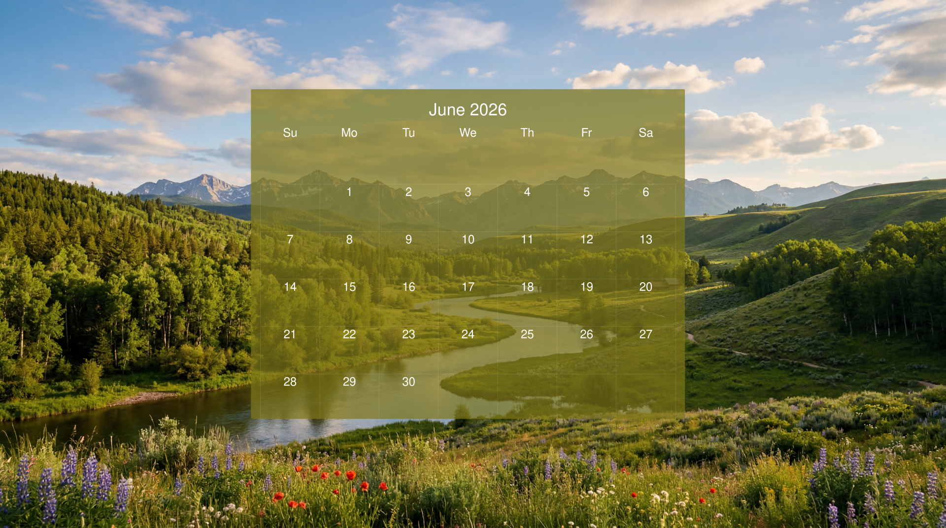 June 2026 calendar on a 5K Ultra HD PC desktop wallpaper and background: sunlit mountain valley with winding river, green hills and colorful wildflowers in the foreground.