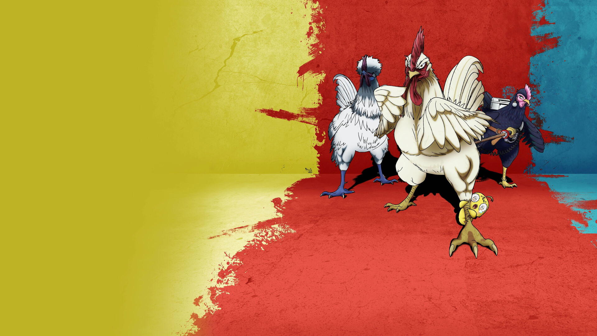 Rooster Fighter: two armored roosters clashing with a shadowy fighter against a split yellow-red textured backdrop — 4K Ultra HD PC desktop wallpaper/background.