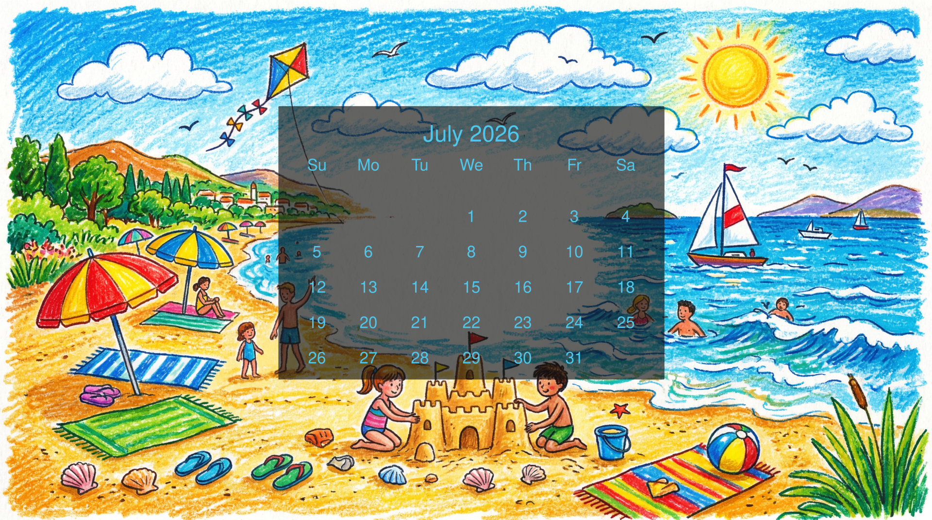 Bright 5K Ultra HD PC desktop wallpaper and background: July 2026 calendar over a colorful beach scene with kids building a sandcastle, umbrellas, kite, sailboat and sun.