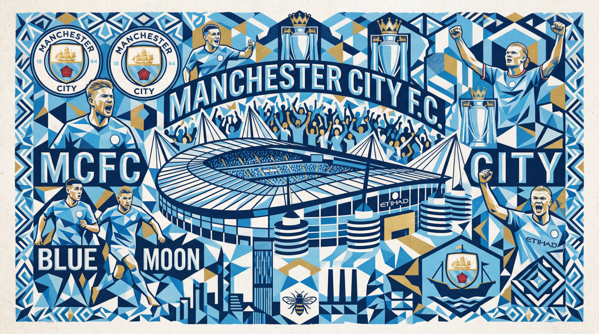 5K Ultra HD PC desktop wallpaper and background: stylized Manchester City F.C. collage with Etihad Stadium, club crests, players, trophies and blue geometric patterns.