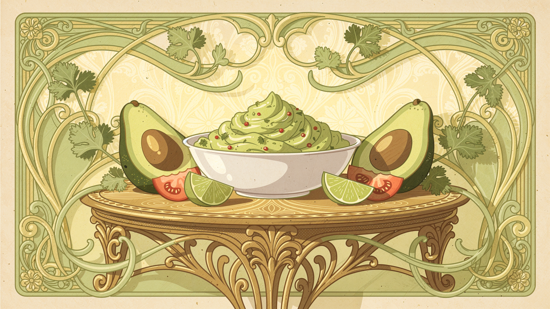 4K Ultra HD PC desktop wallpaper showing a bowl of guacamole, avocado halves, lime wedges and tomato on an ornate table with an Art Nouveau green decorative background.