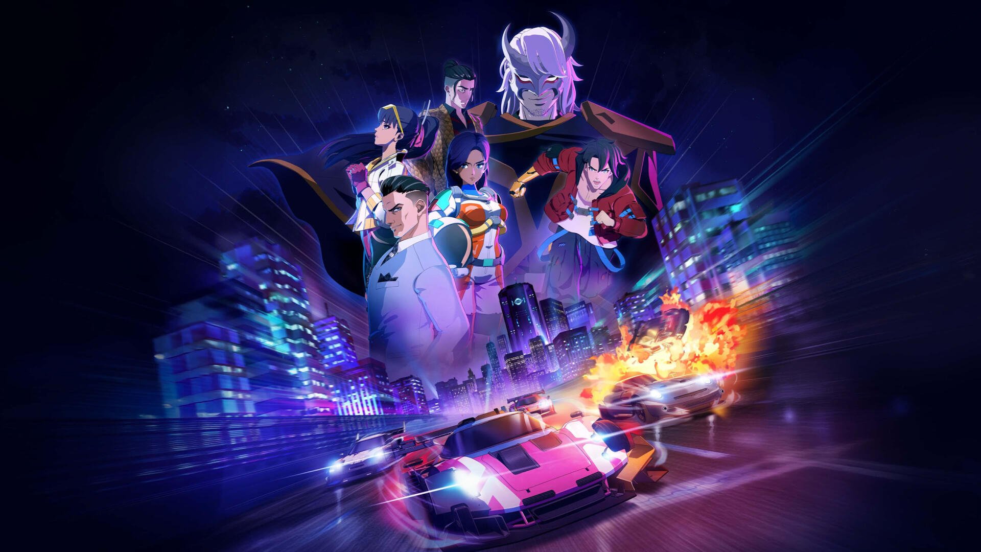 Screamer (2026) video game 2K Quad HD PC desktop wallpaper and background — neon city, flaming pink sports car drifting through lights, ensemble of stylized characters looming above.