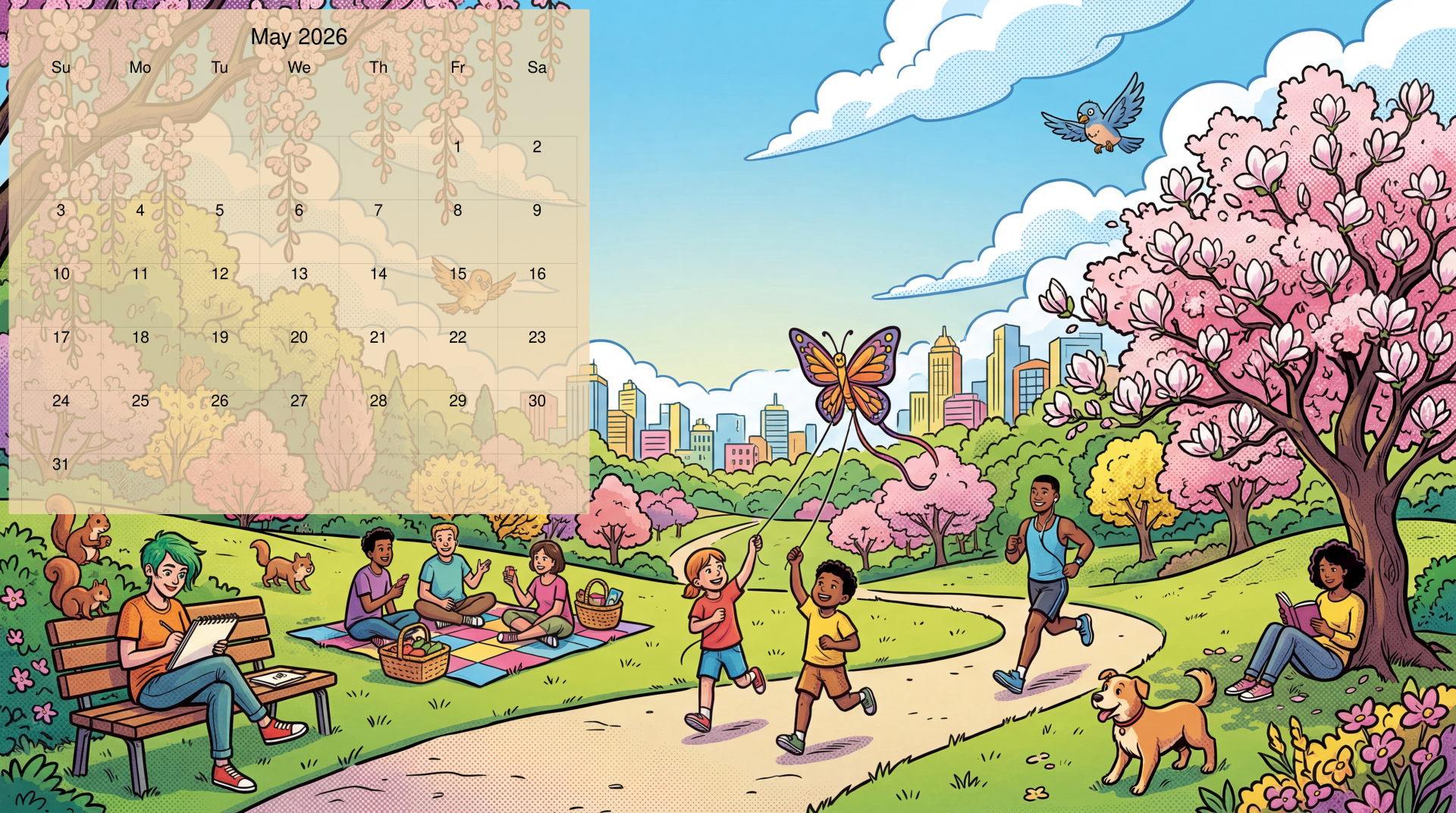 May 2026 calendar — 5K Ultra HD PC desktop wallpaper and background: vibrant park scene with cherry blossoms, children chasing a butterfly, joggers, picnickers, a dog and distant city skyline.