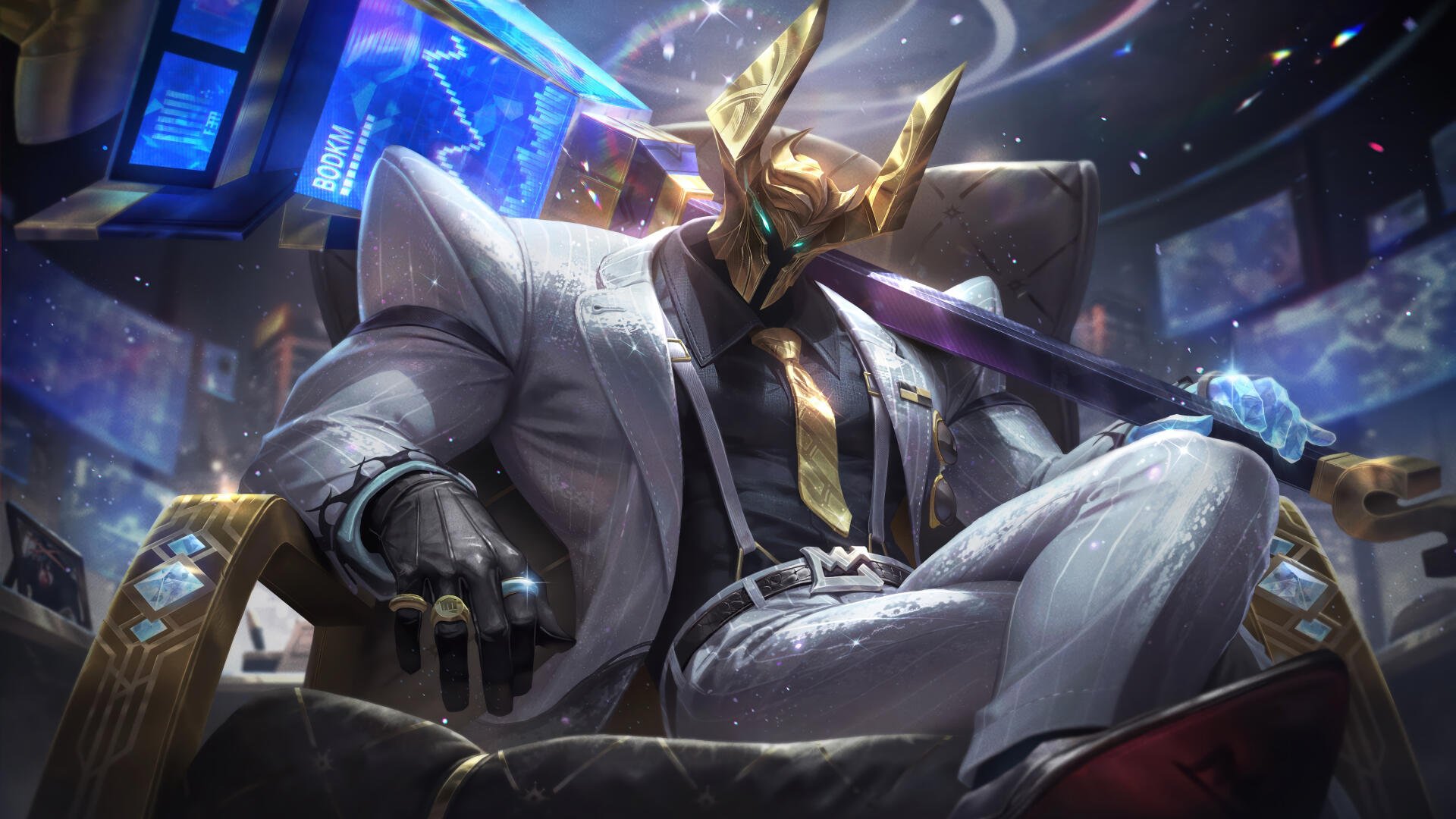 8K Ultra HD PC wallpaper of the video game character Mordekaiser from League of Legends — armored warlord in a white suit and gold helmet, lounging confidently in a neon-lit luxury chair.