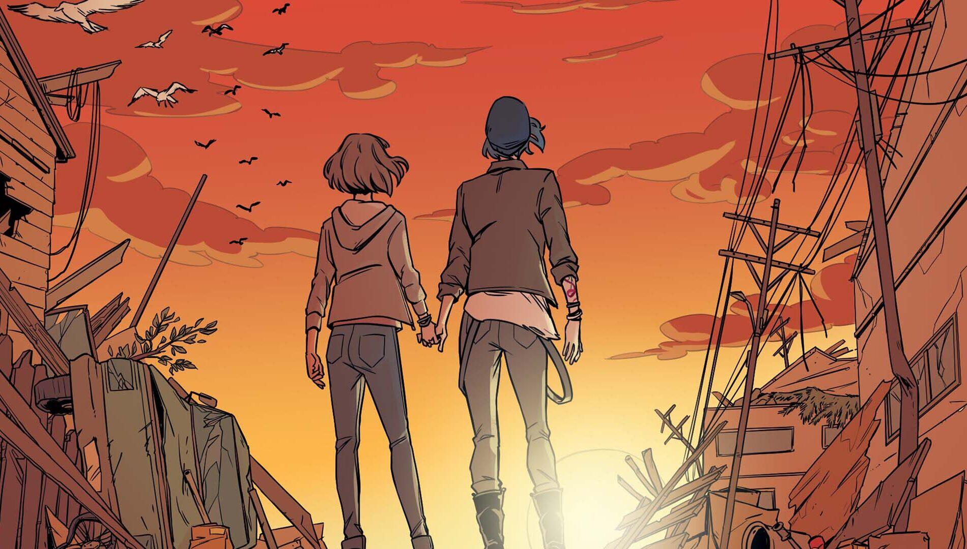 HD PC desktop wallpaper and background for the video game Life is Strange: Reunion — two characters hold hands on a ruined street, facing an orange sunset as birds circle above.
