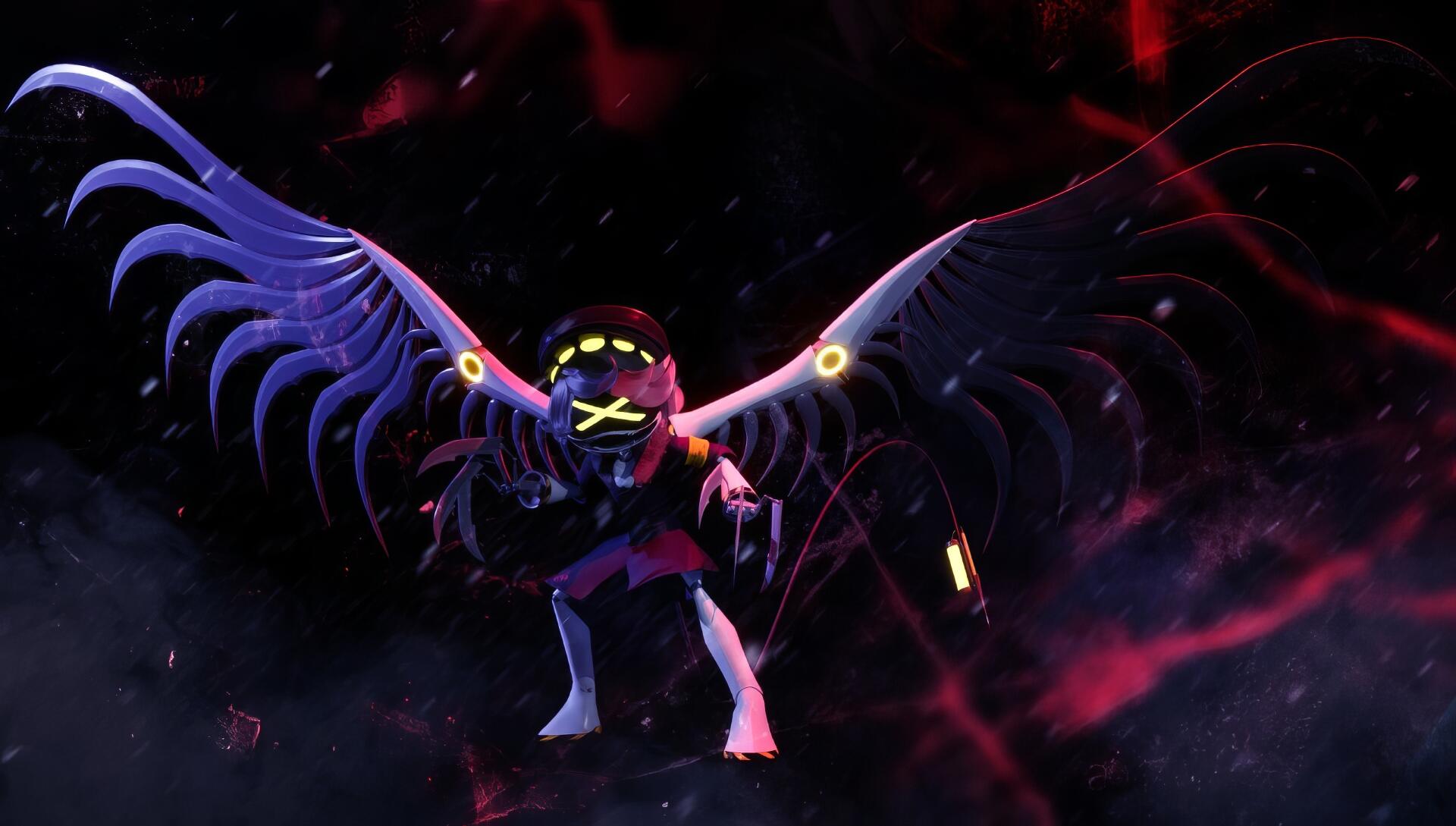 HD PC desktop wallpaper of Serial Designation N from the TV show Murder Drones: a glowing, winged drone with an X-mark face hovering against a dark, red-streaked cosmic background
