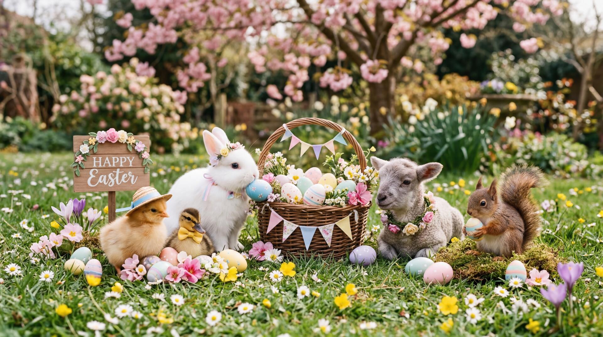 5K Ultra HD PC desktop wallpaper/background: cute Easter scene with bunnies, chicks, a lamb and squirrel gathered around a basket of pastel eggs in a flower-filled spring meadow.