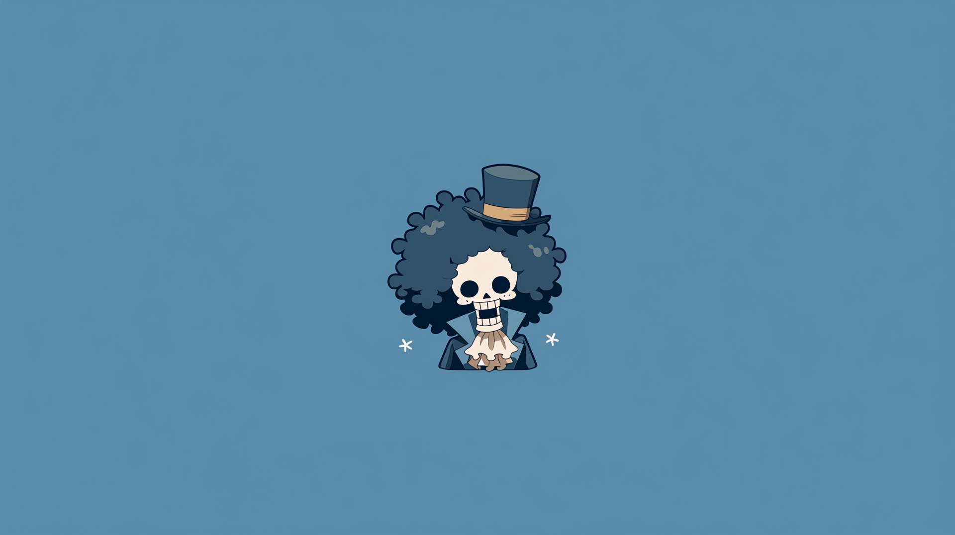 Chibi Brook from One Piece in anime-style AI art: tiny skeletal musician with afro and top hat centered on a simple blue 2K Quad HD PC desktop wallpaper/background.