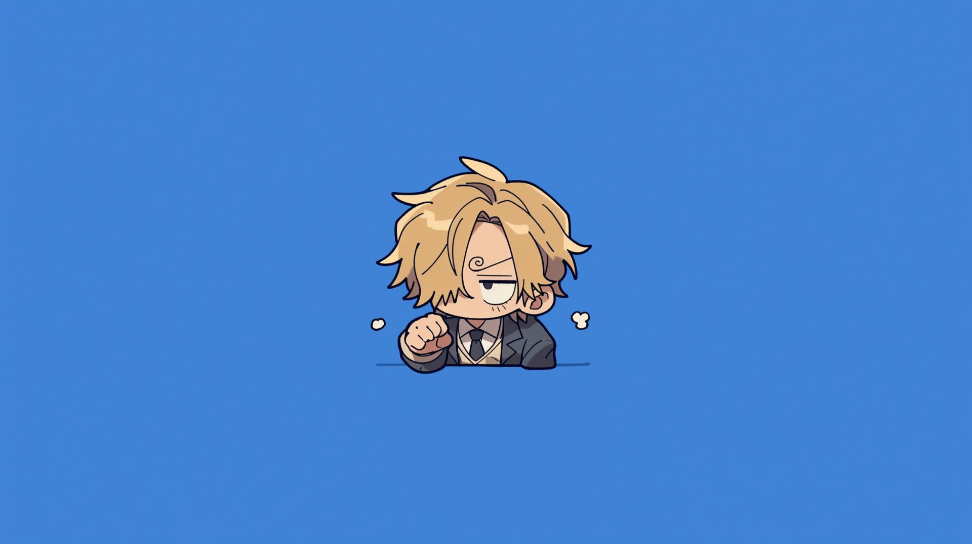 Chibi Sanji (One Piece) AI Art anime: tiny blonde chef in a suit with a cigarette, centered on a solid blue 2K Quad HD PC desktop wallpaper background.