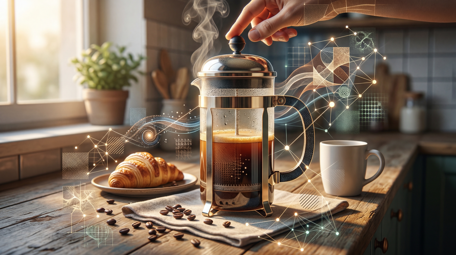 5K Ultra HD PC desktop wallpaper: steaming French press pressed by a hand on a sunlit kitchen counter with croissant, mug, scattered coffee beans and glowing digital accents.