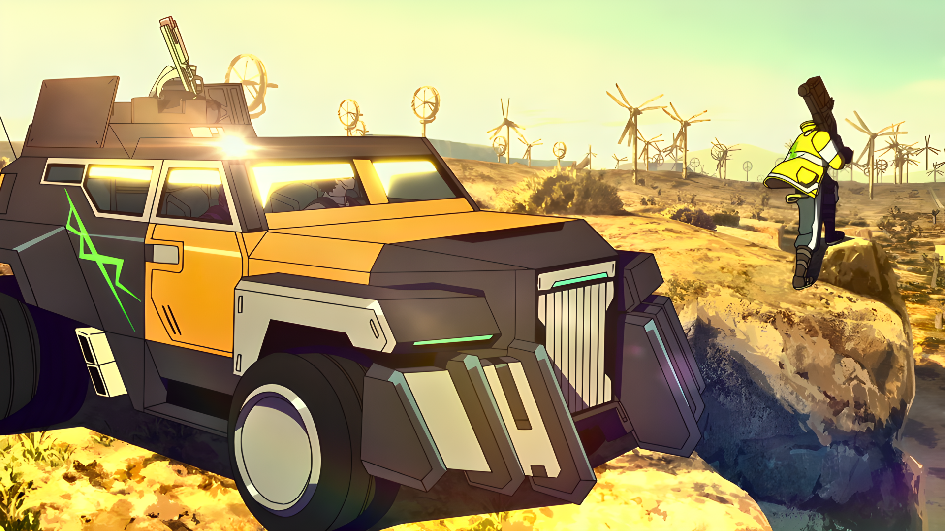 4K Ultra HD PC desktop wallpaper: David from Cyberpunk: Edgerunners stands beside an armored cyberpunk vehicle with neon accents in a sunlit desert with wind turbines.