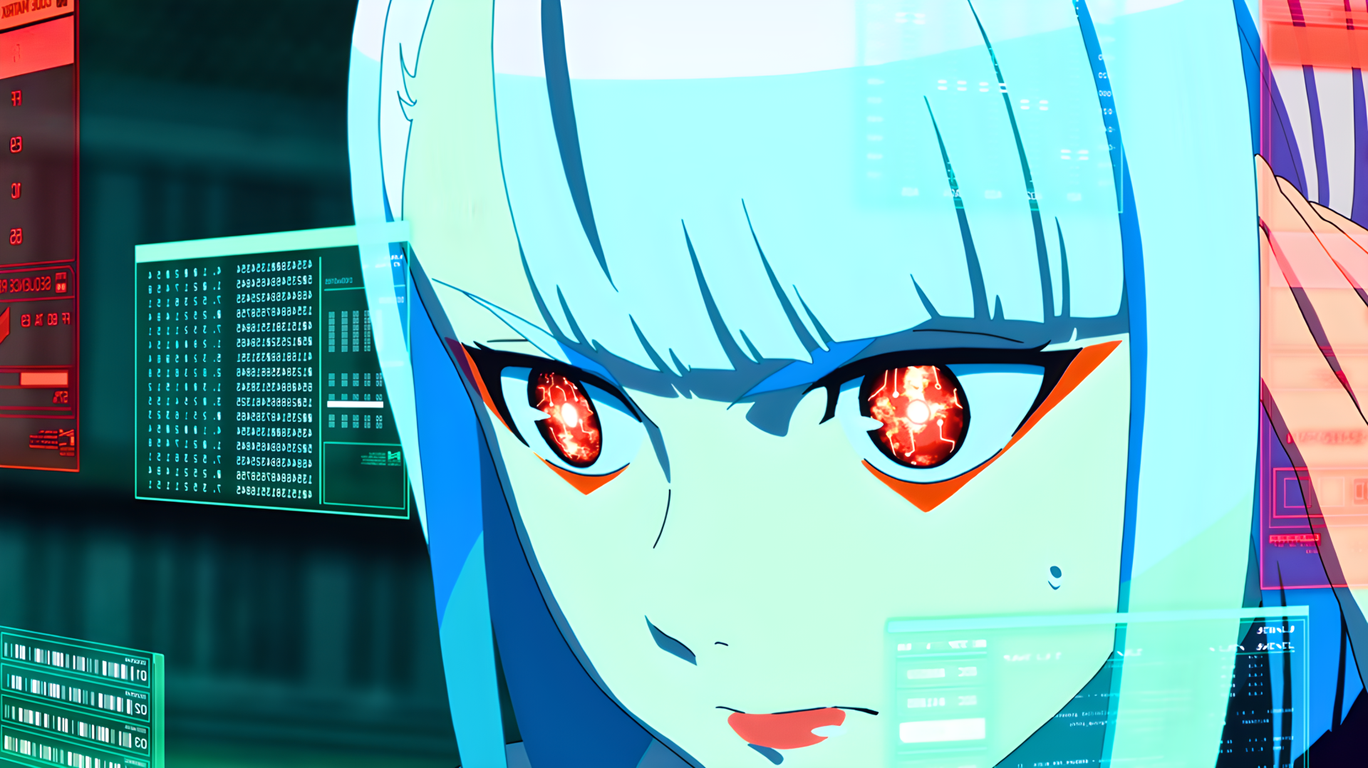 Lucy (Cyberpunk: Edgerunners) close-up: blue-haired anime netrunner with glowing red cyber-eyes and neon hacking UI overlays — 4K Ultra HD PC desktop wallpaper.