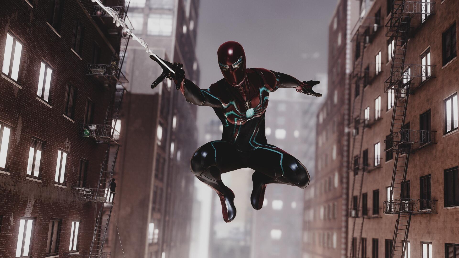 Screenshot from Marvel's Spider-Man Remastered: Spider-Man in a black-and-red suit mid-leap between rain-drenched city buildings — 2K Quad HD PC desktop wallpaper/background.