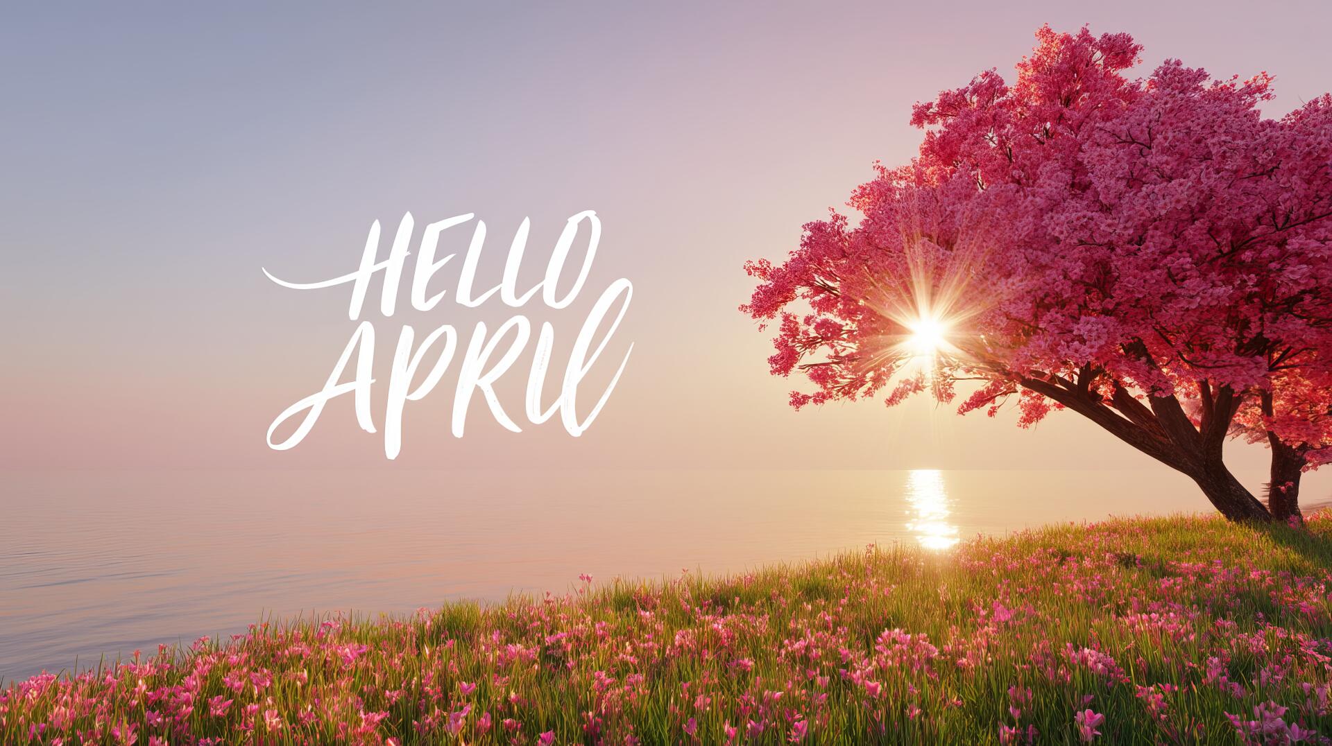 2K Quad HD PC desktop wallpaper background: Hello April script over a calm spring seascape with a pink cherry blossom tree and sunrise glowing over a flowered meadow.