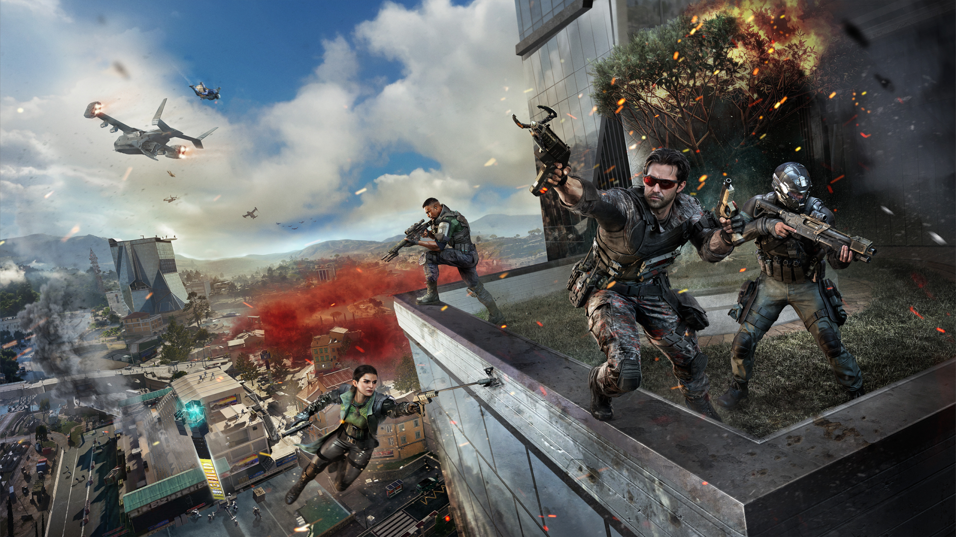 Call of Duty: Black Ops 7 video game 2K Quad HD PC desktop wallpaper background: armed operators on a rooftop engage amid explosions, helicopters and drones over a burning city skyline.