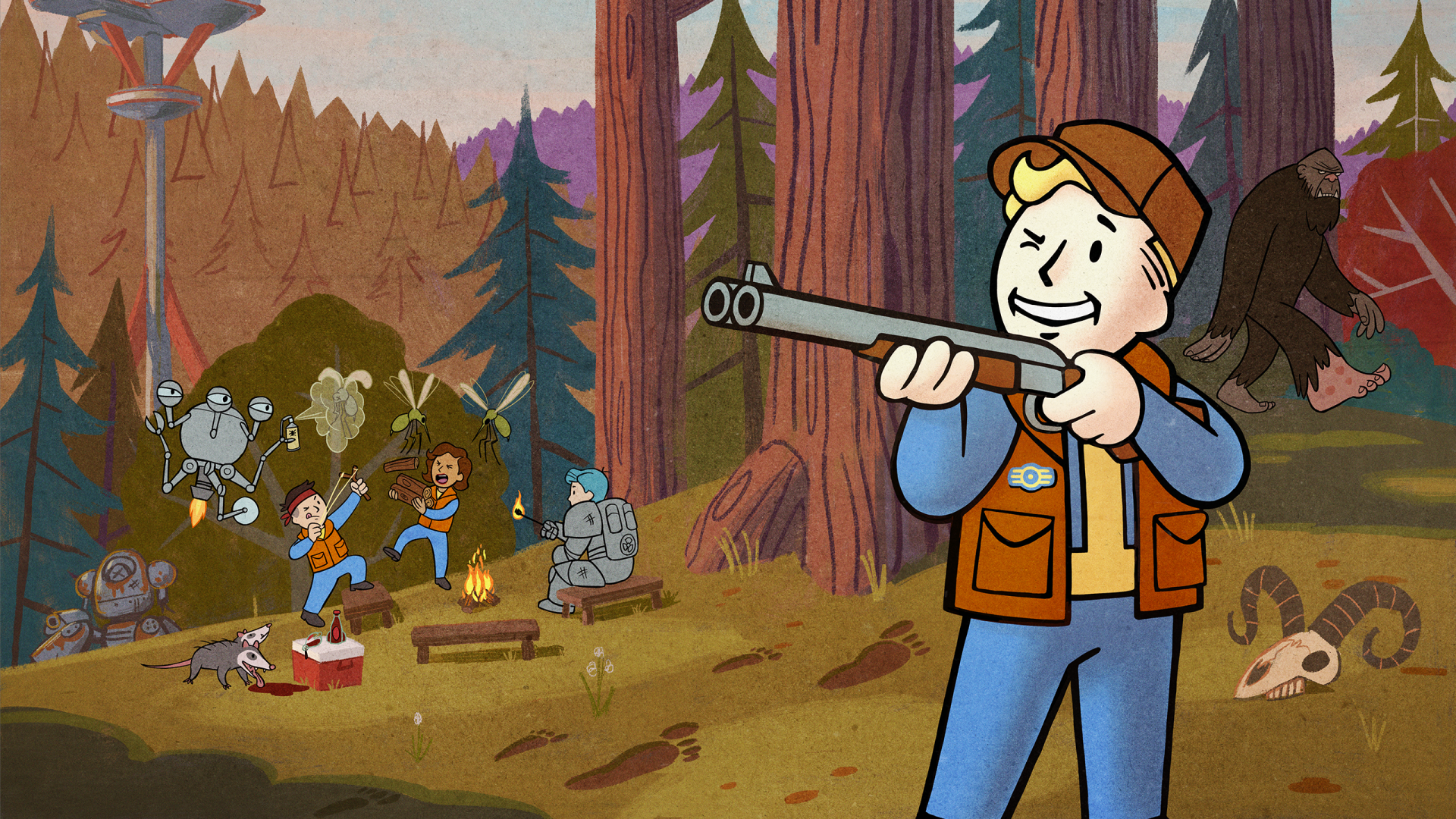 Vault Boy (Fallout 76) in hunting gear holds a shotgun at a forest campsite with campers and robots — 2K Quad HD PC desktop wallpaper/background