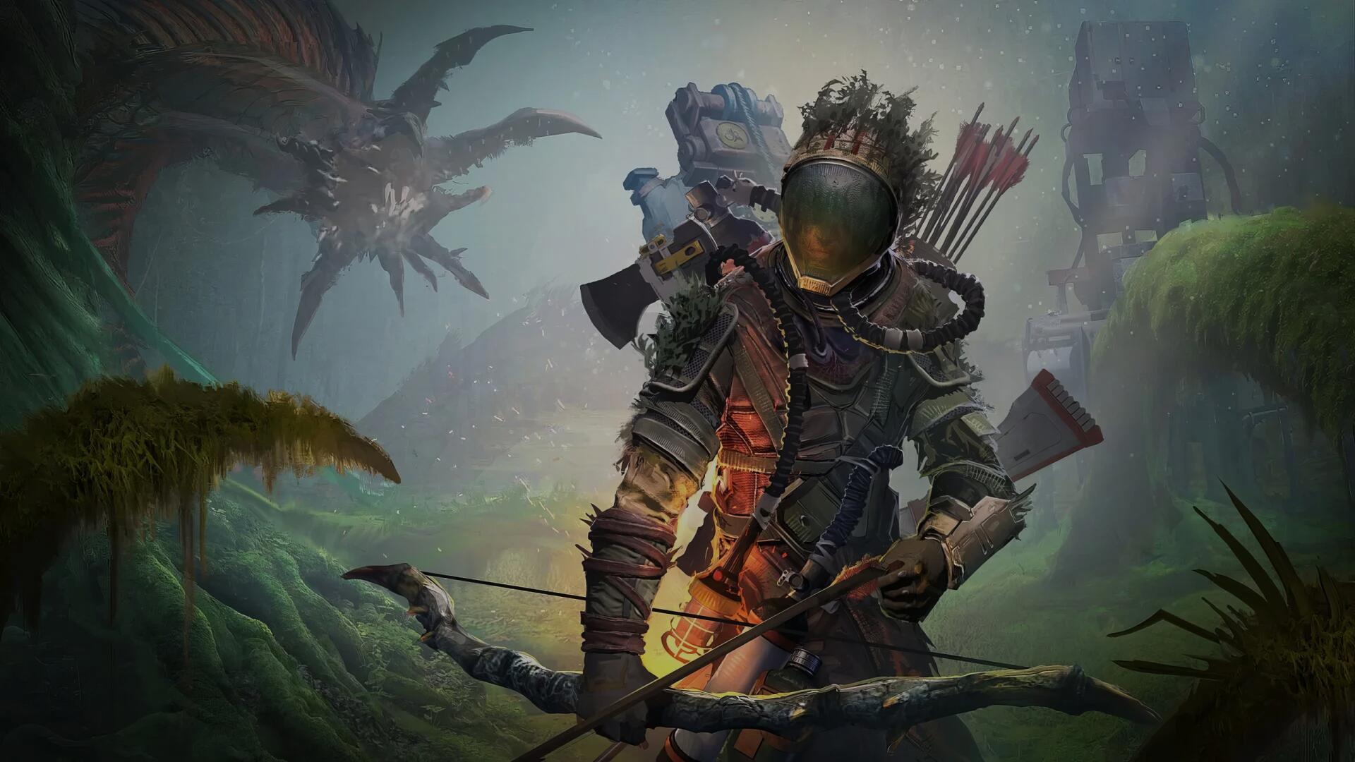 ICARUS video game hunter in armored suit and helmet, holding a bow amid a misty alien jungle with flying creatures — 2K Quad HD PC desktop wallpaper/background.