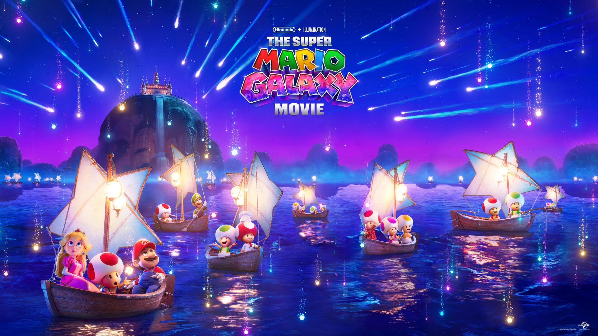 4K Ultra HD PC wallpaper/background from The Super Mario Galaxy Movie: Mario, Peach and Toads sail in glowing, star-shaped boats across a purple, starlit sea.