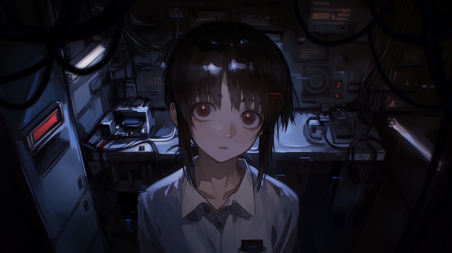 Retro anime 2K Quad HD desktop wallpaper of Lain Iwakura (Serial Experiments Lain): lone anime girl in a dim, cable-filled cyberroom, soft light on her face.
